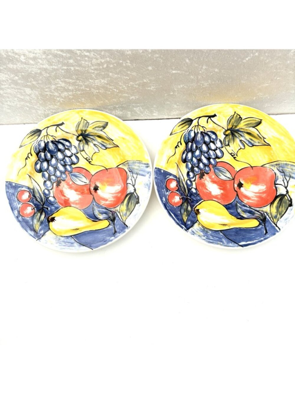 PIER 1 Italy Pasta Bowls Set of 2 Hand Painted Fruit Yellow 9” Vintage